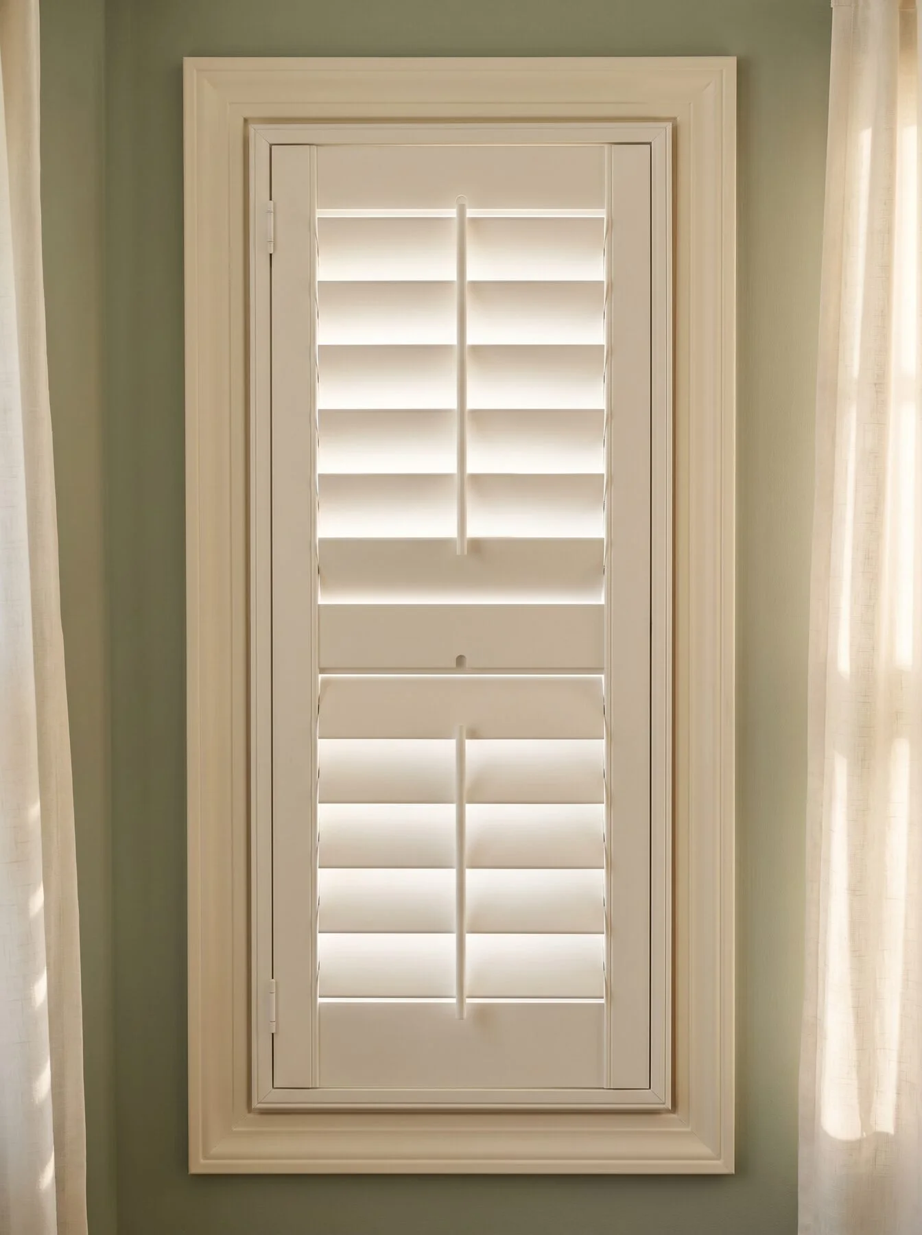 A white plantation shutter panel showing stiles, rails, mid-rail, louvres and tilt rod