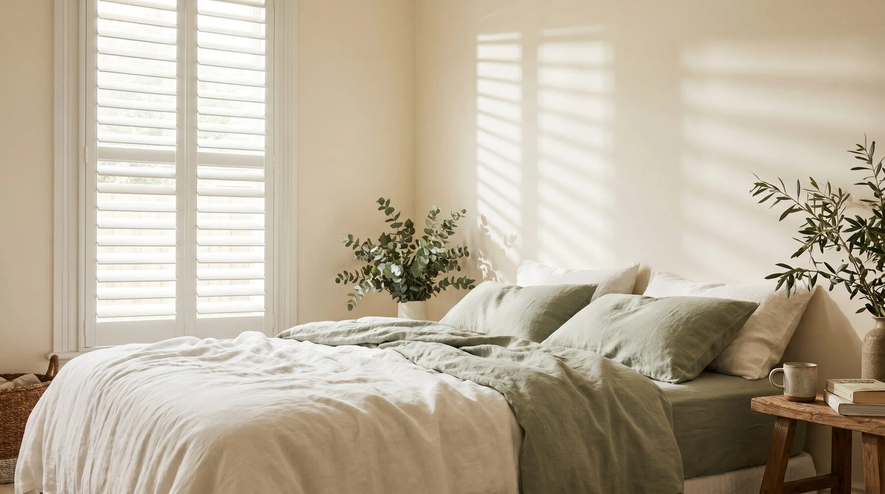 Plantation shutters tilted for privacy in a soft-lit bedroom