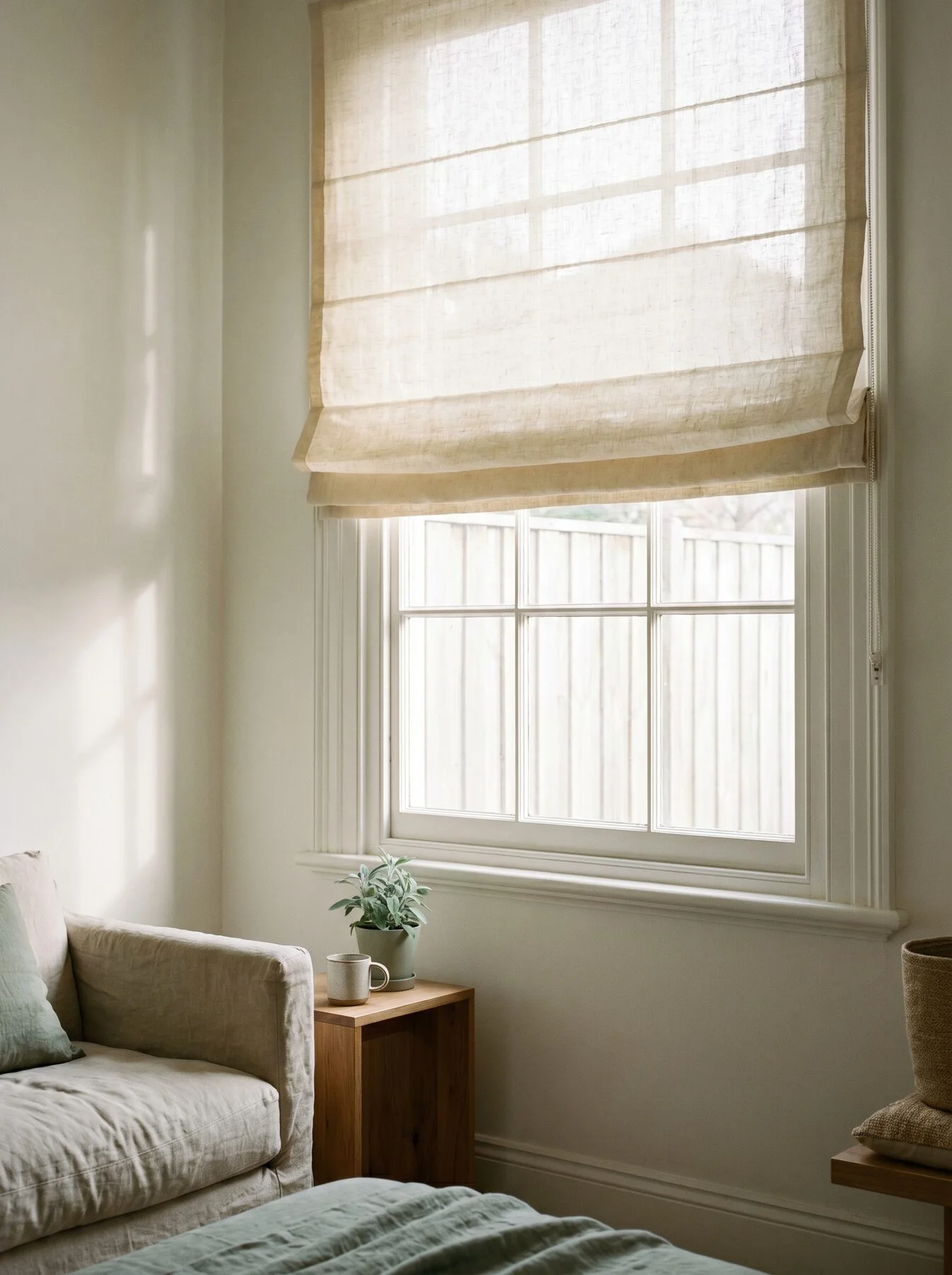 A linen roman blind half raised on a bright window