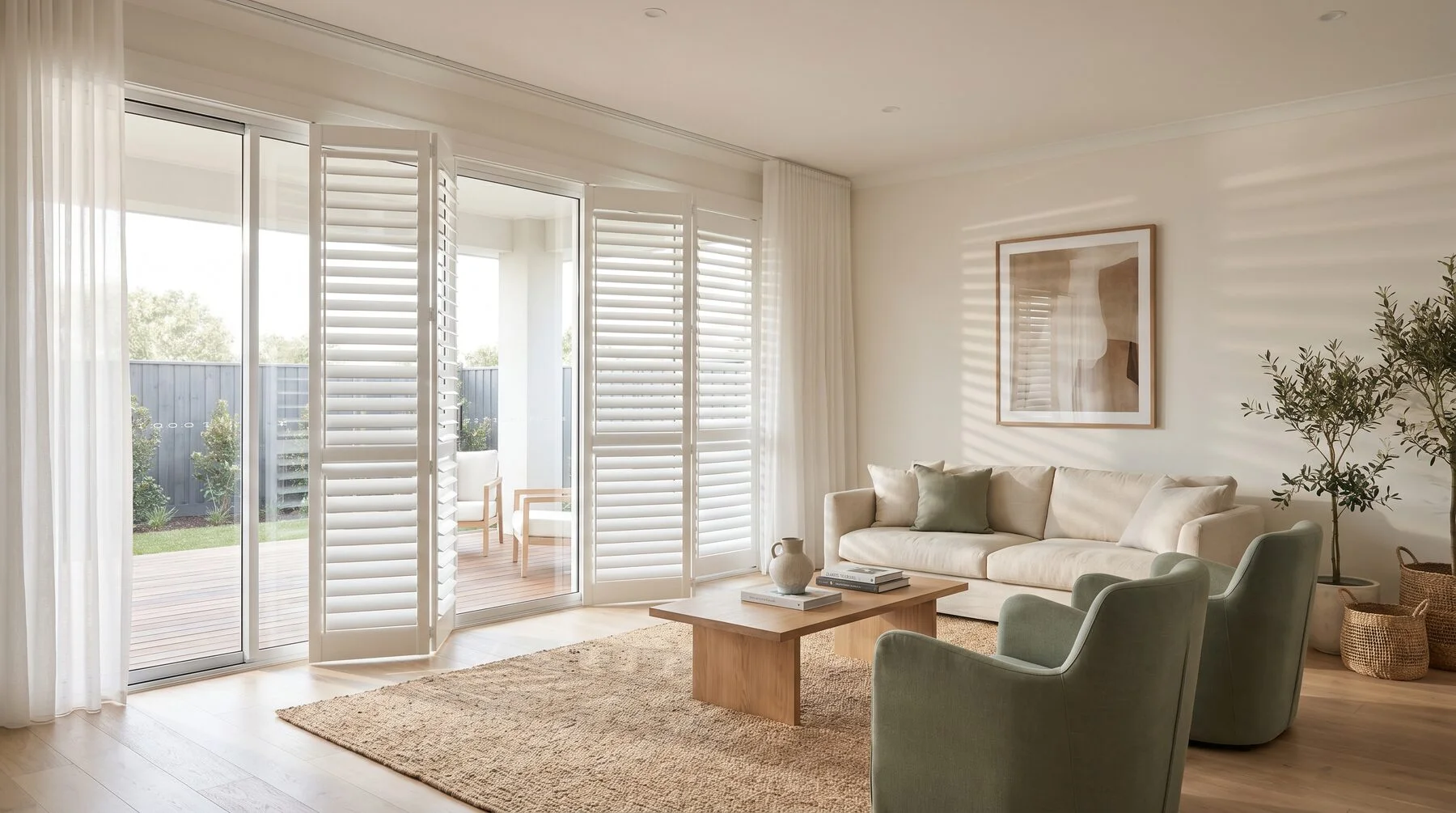 Wide bi-fold shutter panels across a new home's sliding doors