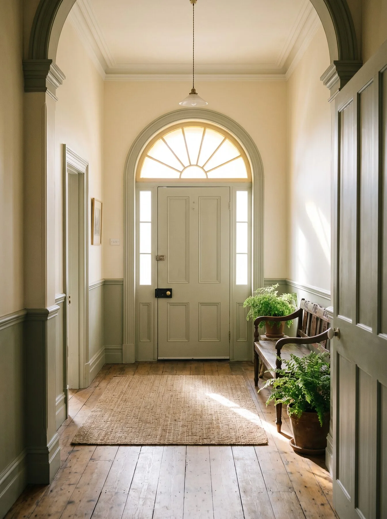 Morning light through an arched fanlight above a terrace front door