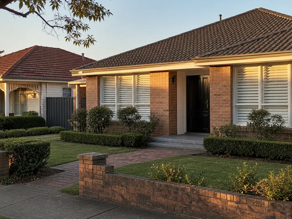 Single-storey brick house in late afternoon sun, white louvred shutters inside its front windows, a black front door up two steps, a brick path through a clipped lawn behind a low brick fence, and a neighbour's weatherboard house next door.