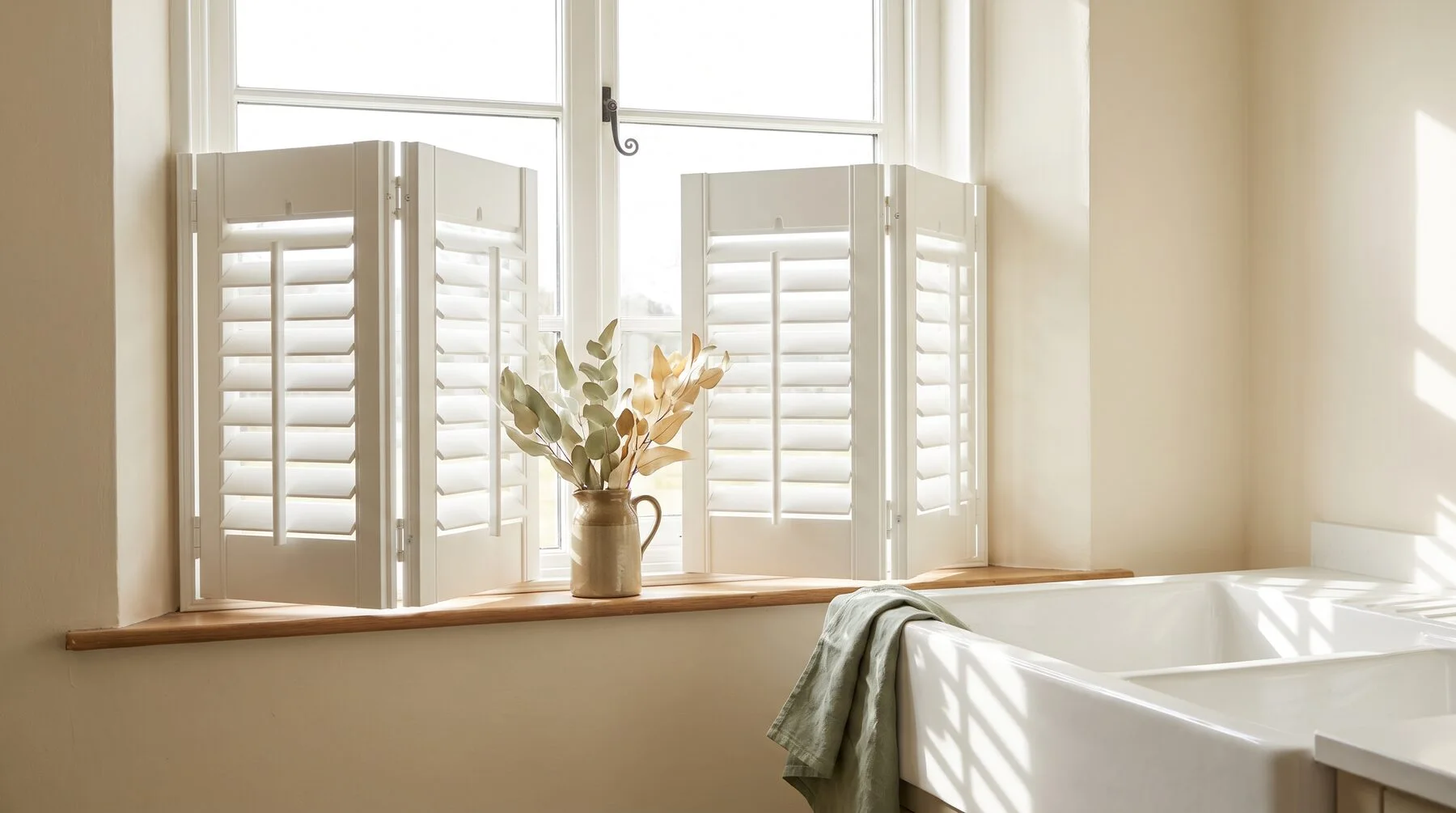 Café-style shutters on the lower half of a kitchen window
