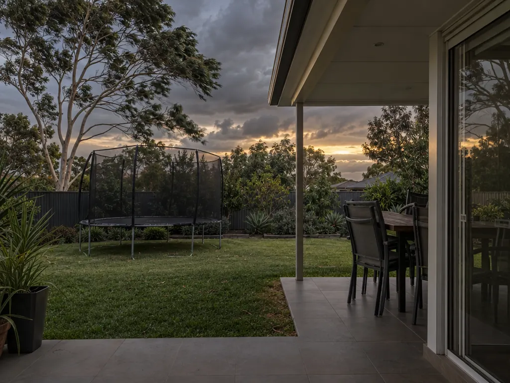 Backyard at dusk under heavy cloud, a gum tree swaying, a netted trampoline on the lawn and patio chairs beside a glass sliding door.
