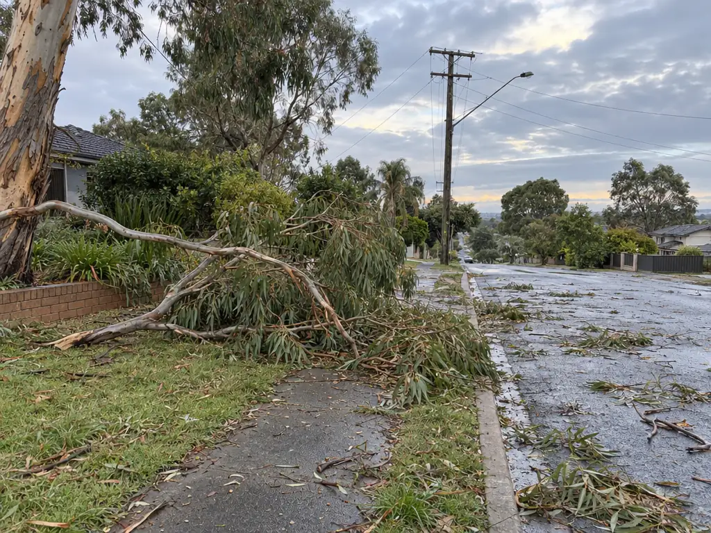 Gum branch fallen across a front lawn and footpath after a storm, with leaves and twigs on the wet road and a power pole in the background.