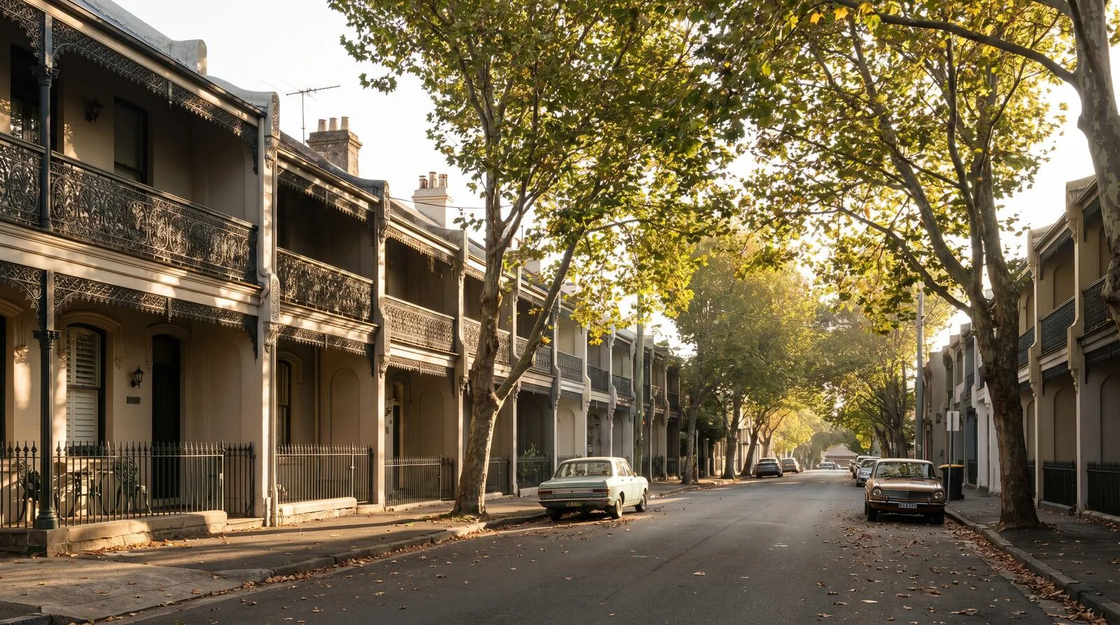 Iron-lace terrace houses on a leafy Cooks Hill street in morning light